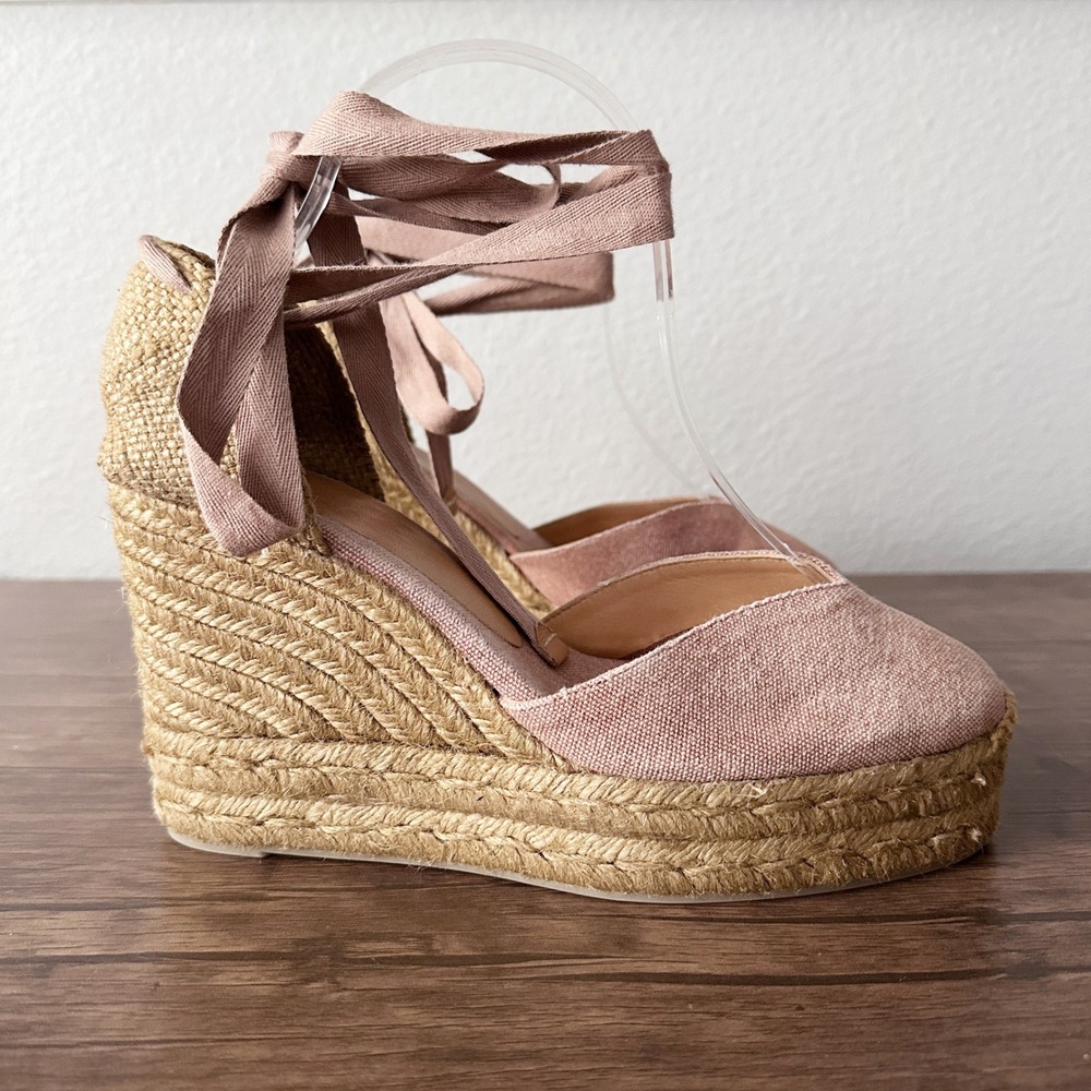 Castañer Chiara Pink Canvas Ankle Tie Espadrille Wedge Sandals Women's Size 39